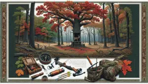 A detailed illustration of a serene Michigan woodland in full autumn colors. The landscape is typical of deer hunting locations, with tall oaks showcasing rich reds and oranges, interspersed with dense undergrowth. On one side, a deer stand silently nestled within the limbs of a towering tree. Nearby, hunting equipment such as a bow, quiver of arrows, and a compass are carefully placed, indicating preparation for deer hunting. All items are unbranded, without text or identifiable markings.
