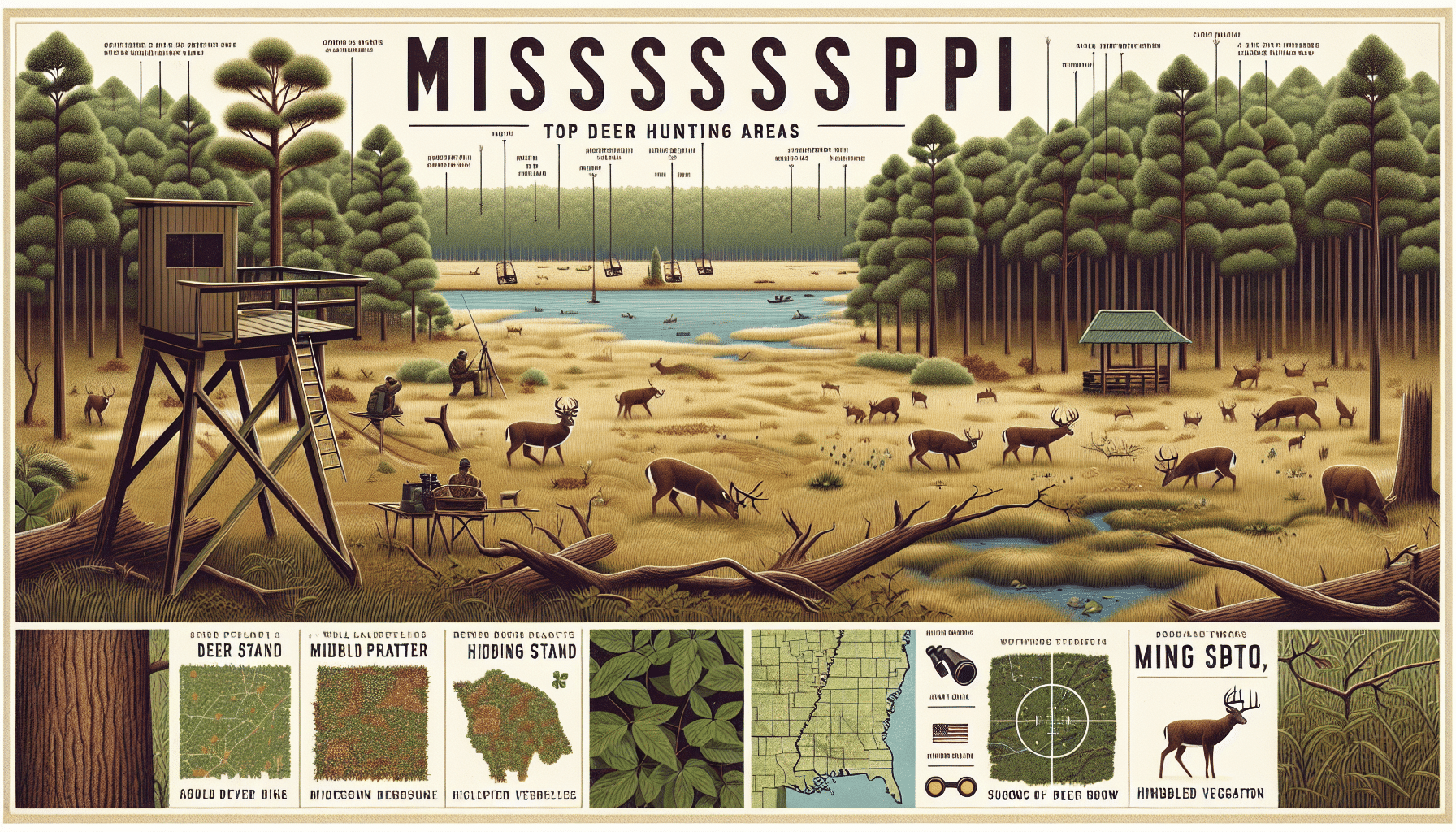 A detailed visual representation of Mississippi's top deer hunting areas, showcasing an assortment of diverse landscapes. Include a variety of features such as dense forests, open fields, and tranquil rivers. Add details that suggest these areas are good for hunting such as deer tracks, hiding spots, and signs of deer activity like nibbled vegetation. Display hunting strategies aspirationally, using symbols like camouflage patterns, a well-placed tree stand, binoculars, and a hunting bow, all devoid of people, text, and brand logos.