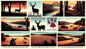 An image demonstrating the concept of deer hunting in Missouri, without involving any human figures. Visualize different locations such as wooded areas, fields, riverbanks, and rolling hills typical to the state. Show signs of deer, perhaps a silhouette of a deer, deer tracks, or chewing damage on vegetation. No literary signs, brand names, or logos are featured in the scene. The colors should reflect a daybreak or dusk, common times when deer are active.