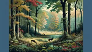 A non-urban and scenic illustration of typical deer hunting areas in New Jersey. The foreground showcases a serene forest setting with verdant trees and undergrowth during the fall season when the leaves are changing color from green to shades of red, orange, and yellow. A few deer are subtly camouflaged within this lush scenery, grazing peacefully, not alerted to any danger. In the background, slightly blurred to denote depth, is a large body of water signifying a common water source for wildlife in the area. There is no sign of human activity or presence and no text or brands are depicted anywhere in the image.