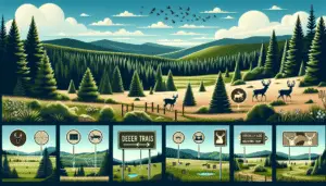 An image showcasing the beautiful landscapes of New Mexico with various locations commonly associated with deer hunting. The scene includes tranquil forests filled with pines and spruces, rolling hills under the clear blue sky, and refreshingly green fields. Add a couple of signs subtly indicating deer trails. Also, incorporate illustrated design elements to suggest hunting strategies such as subtle animal tracks, carefully laid traps, and lookout points on hills. All these without any human presence, text, or brand logos.