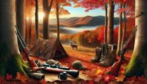 Illustrate an enchanting environment that encapsulates prime deer hunting locations in New York. Picture a serene autumn forest, with vibrant hues of crimson and gold leaves scattered across the floor, and tall trees forming a gorgeous canopy. Imagine distant rolling hills blanketed in gentle morning fog, framing the landscape. In the foreground, highlight essential deer hunting gear such as a camouflage tent, a hunting rifle, a binocular, and a hunter's hat laid out carefully on the forest floor, ready for use. Make sure there are no people, text, or brand names visible in this naturalistic scene.