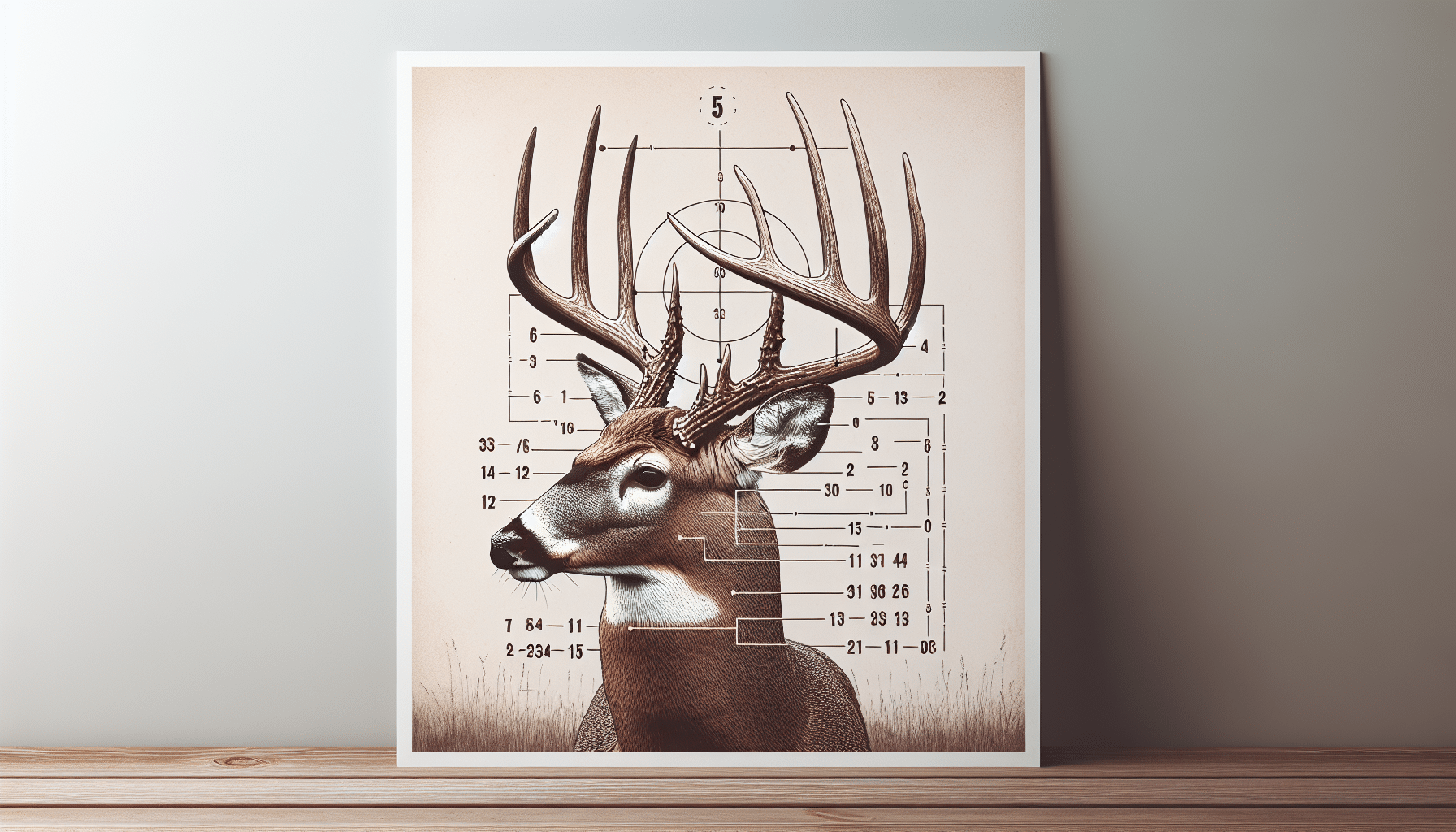 Create an image with a visual representation of how to count points on a buck. The scene should include a close-up view of a mature buck or antlered deer facing to the side, allowing for clear observation of its antler points. Design a separate, slightly faded section in the image indicating the counting process, possibly with numbers next to each point of the antler. No people, text, logos or trademarks should be visible within the image.
