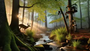 Create a peaceful, early dawn scene in North Carolina highlighting an abundant woodland, a hallmark of the state's natural beauty. The scene is punctuated by a shy, majestic deer sipping from a stream. The viewer's eyes are drawn to several features that hint at effective methods for deer hunting; a tree stand, camouflaged in the leaves, a well-placed salt block far from the stream, and a trail camera cleverly concealed in the underbrush. Element such as scopes or other hunting gear are absent from the scene, retaining the purity of nature's spectacle. The image radiates tranquility, simplicity and respect for nature.