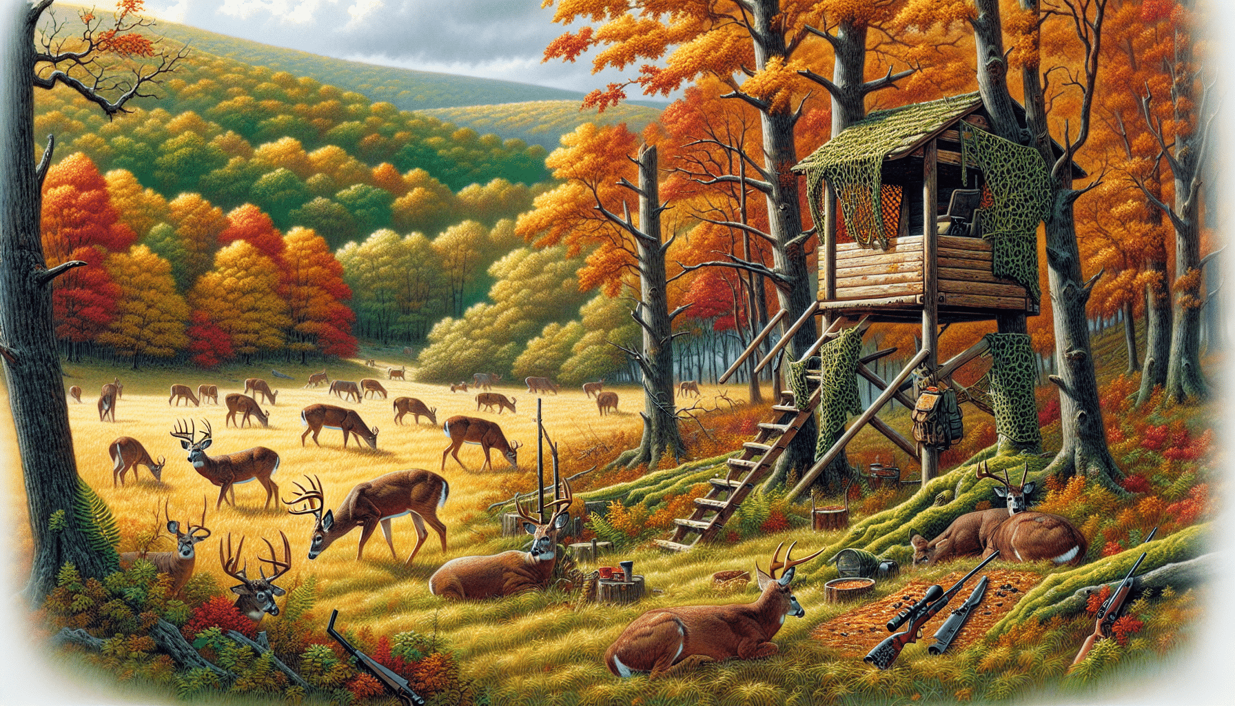 Illustrate an idyllic Pennsylvanian woodland during fall, with vivid foliage everywhere, and a herd of deer grazing peacefully in the meadow. Also, demonstrate a few strategies commonly employed in deer hunting -- prominently show an elevated deer stand positioned strategically with a good vantage point and a camouflage netting near a trail frequented by deer. Include the details of a carefully laid bait station with food and markings that attract deer. Remember, no text or brand names are to be included and no people in the scene.