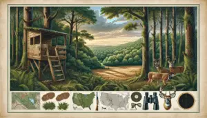 An illustration of a scenic view in South Carolina showcasing prime deer hunting locations. The image should depict pristine woodlands with lush greenery and a healthy population of deer around. It may also present some clearings that are known as preferred locations for ambush hunters. There should be hunting elements like camouflage clothes, binoculars, and a well-maintained wooden hunting stand tucked away in a dense section of trees, but no people are visible. On the ground, there should be some track prints left by deer. Remember not to include any text or brand logos in the image.