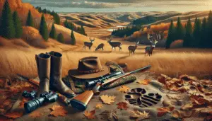 A picturesque image that encompasses the essence of deer hunting in South Dakota without including any people or text. In the foreground, various elements of hunting gear are placed carefully on a blanket of fallen leaves, including a hunting rifle, binoculars, and an unbranded, traditional hunting hat. A deer track imprint can be seen in the nearby mud. In the background, the diverse landscape of South Dakota is portrayed in all its autumn glory, showcasing the vast prairies, dense forests, and rolling Black Hills. A herd of deer is seen in the distance, blending seamlessly with nature.