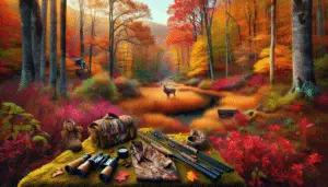 A picturesque autumn scene in the wilderness of Tennessee with myriad fall colors vividly displayed. A stand of deciduous trees shedding their leaves with the occasional evergreen that stands tall. Vibrant brush and foliage support numerous deer tracks meandering through. On the ground, an assortment of basic hunting gear is carefully laid out: binoculars, a deer call, unbranded camouflage clothing, and a generic hunter's bow. In the distance, a deer grazes calmly at the edge of a serene pond. Please note, no people, text, brands, or logos are in this image.