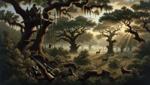 A depiction of a tranquil woodland scene at dawn in Texas, representative of prime deer hunting locations. The landscape should showcase dense clusters of gnarled oak trees, here and there relying on the soft light of the breaking day. Occasional deer can be seen grazing or peeking out from amongst the foliage. Also paired with various hunting equipment, such as a high-seated hunting perch nestled in a treetop, a hunting rifle propped against a tree trunk, and a pair of binoculars left on a nearby rock, all unbranded. No humans or human-made structures are present.