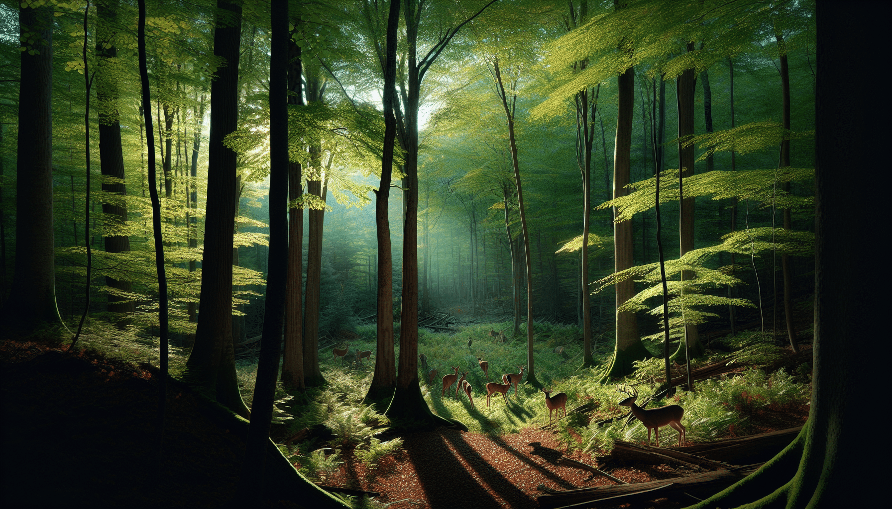 An image capturing the ideal hunting grounds in the state of Vermont. Featured predominantly is the lush green forest, comprised of a rich variety of trees painting a diverse spectrum of green. On the ground, there are fallen leaves signaling the onset of fall. Shadows come into play, indicating the play of light and darkness that spills over the landscape. A family of deer can be seen in the distance, grazing peacefully amidst the foliage, unaware of the hunting season. No humans or human associated brands can be seen.