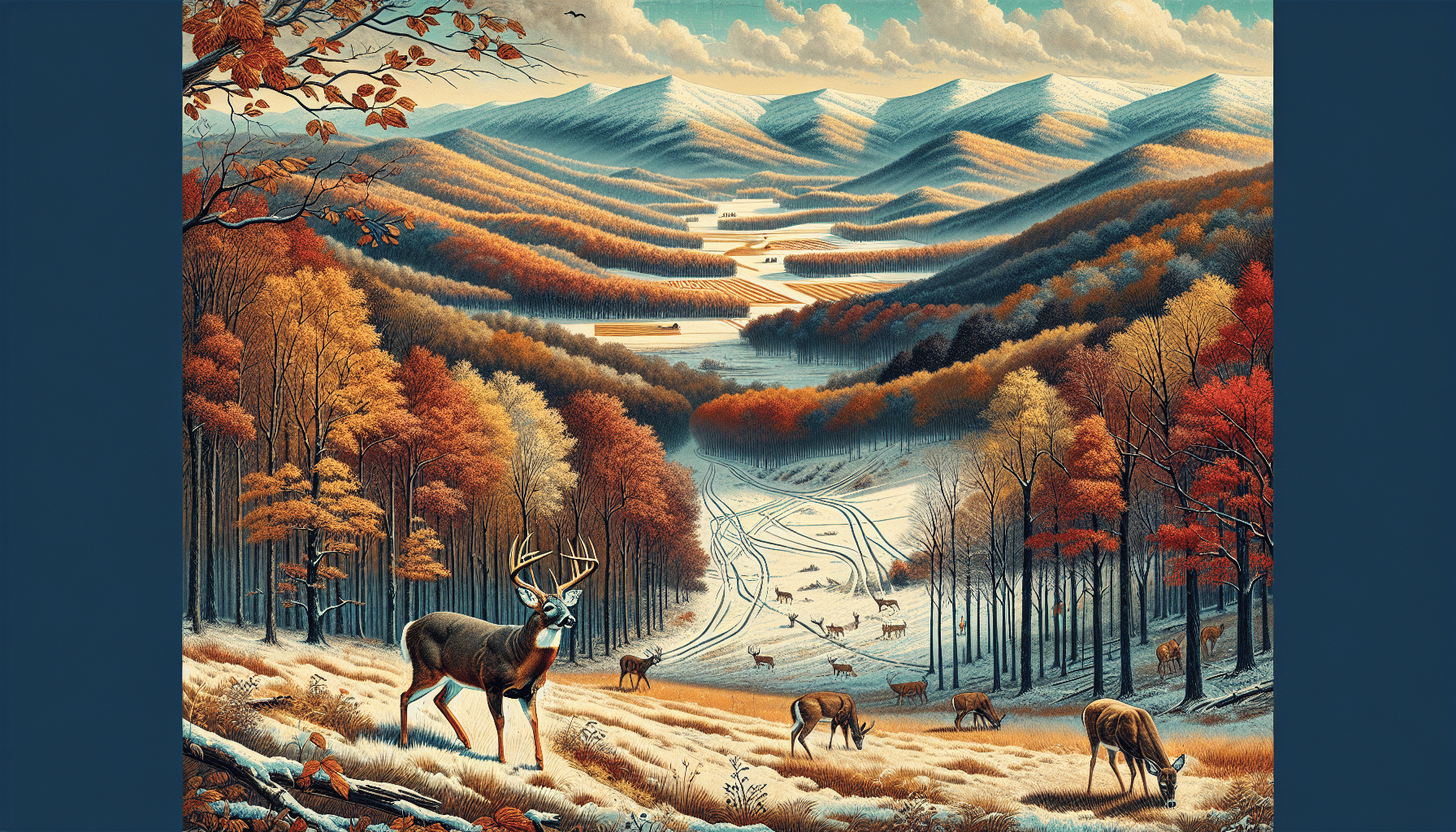 The image unfolds a scenic view of Virginia's diverse terrain marking popular locations for deer hunting. Depict crisp autumnal forests with brown, gold and red leaves shedding from the trees and untouched snowy landscapes delineating a visually appealing contrast. Strikingly beautiful deer graze in a safe distance, featuring a variety of deer species like White-tailed deer. Trails through the forests suggest the passage of hunters. There are no people, text or brand references present in the vistas. The tranquillity of the environment induces a sense of calm while hinting at the inherent thrill of the hunt.