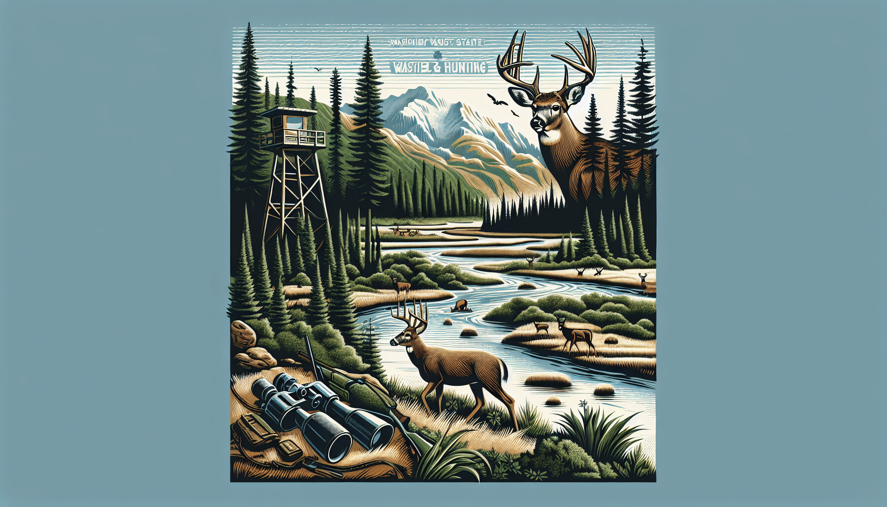 An illustration showing the majestic landscapes of Washington State perfect for deer hunting. Include the diversity of the terrain, highlighting lush forests, meandering rivers, and rugged mountains. Visualize deer in their natural habitat, possibly near a water source or under the tall trees. Be sure to subtly imply the presence of hunters by including elements like distant watch towers, camouflage tents hidden among the trees, and binoculars lying on a rock. Remember, it's crucial to avoid illustrating people, text, brand names, and logos.