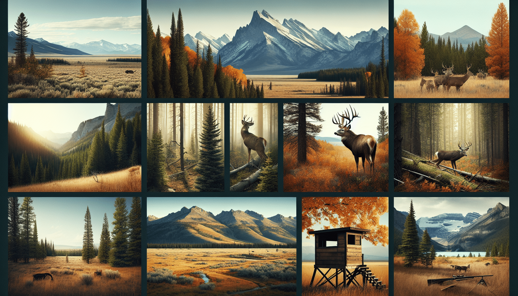 An image showcasing various elements of deer hunting in Wyoming: the expansive landscape with mountains in the distance, the serene forests with towering pines and autumn-colored deciduous trees, and open fields of unspoiled wilderness. Highlight elements that suggest hunting strategies, such as trails, animal prints, or a strategically placed blind for hunting. Excluding human presence, the scene feels tranquil and untouched. Evoke a sense of adventure and exploration without any text, personal items, or brand names.