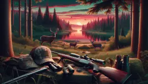 An idyllic scene from one of the prime locations in Ontario, Canada famous for deer hunting. The landscape should consist of dense coniferous forests, and perhaps a glistening lake reflecting the crimson hues of the setting sun. A few deer can be seen grazing in the distance, embodying the tranquility of the scene. Interspersed within the scene are hunting gear like a hunting rifle, binoculars, and a camouflage hunting hat, subtly conveying the theme of deer hunting. All elements are free of text, brand names, and logos. People are notably absent from the scene.