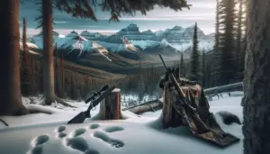 An immersive scene showcasing the essence of deer hunting in the wilderness of Alberta. The view is awe-inspiring, with the rugged Canadian Rockies framing the background, their peaks dusted with a light coat of white snow. In the foreground, a hunter's equipment is neatly displayed: a camouflage outfit laid across a tree stump, a high-quality, unbranded hunting rifle resting against a rustic log, and a pair of binoculars dangling from an overhanging branch. The untouched snow indicates the presence of deer through a trail of delicate hoofprints leading into the dense, evergreen forest. The entire scene is bathed in the refreshing light of a crisp, early morning sunrise.