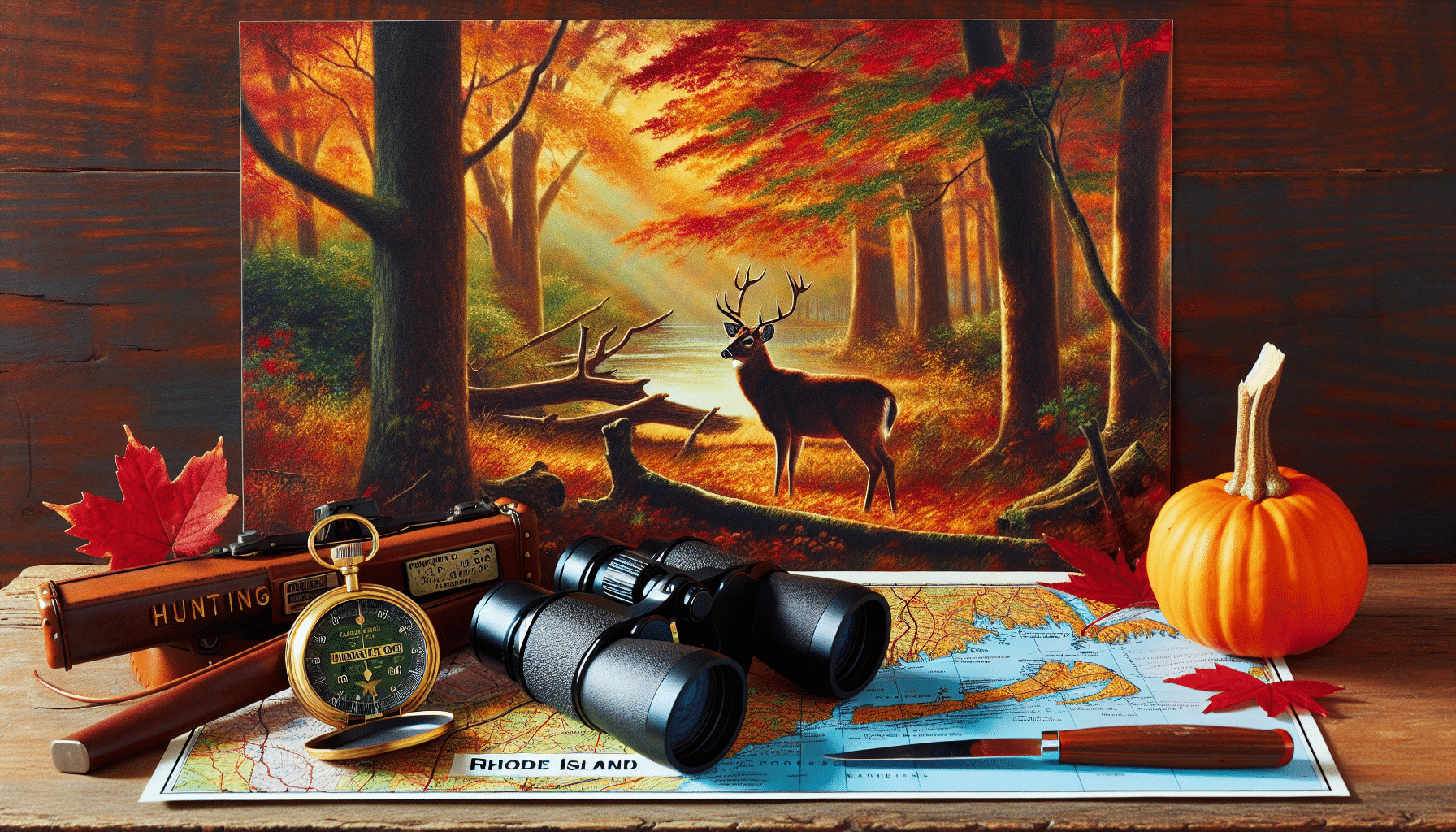 A depiction of a serene autumn landscape in Rhode Island, the falling leaves in hues of orange, red and yellow. A deer is seen subtly in the background, amidst the dense foliage of the forest. In the foreground, hunting gear such as binoculars, a compass, and a map of Rhode Island are carefully arranged on a log. Do not include people or any brand names or logos in the picture.