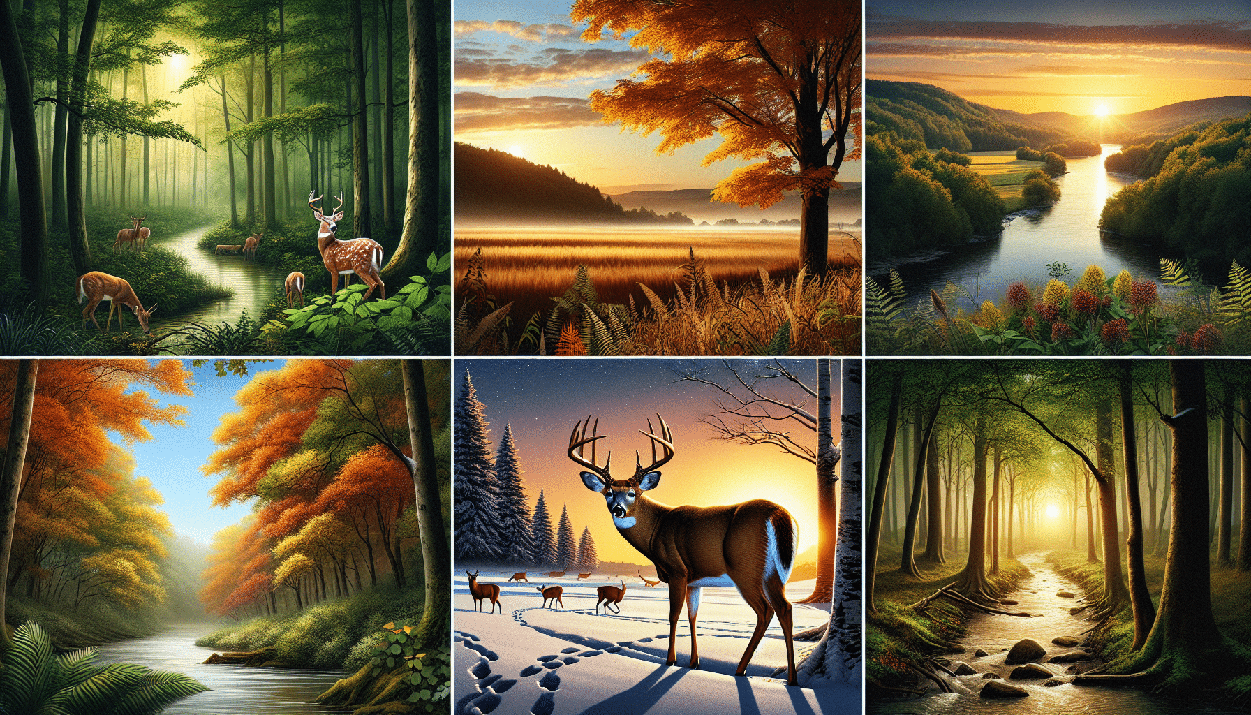 Visualize a tranquil and lush environment that symbolizes some of the top states for whitetail deer hunting. The first scene is a serene forest during autumn, its leaves taking on a beautiful change of color, with a whitetail deer cautiously peeping from behind a cluster of trees. The second captures a vast field bordered by dense woods, a deer grazing peacefully, the sunrise painting the sky with warm colors. The third image is of a snowy, quiet woodland with tracks of deer visible. The fourth forest surrounded by rolling hills under a golden setting sun with a deer silhouette in the distance. The final, a river winding through a lush green forest, a deer drinking water by the riverside, capturing the essence of uninterrupted natural habitats.