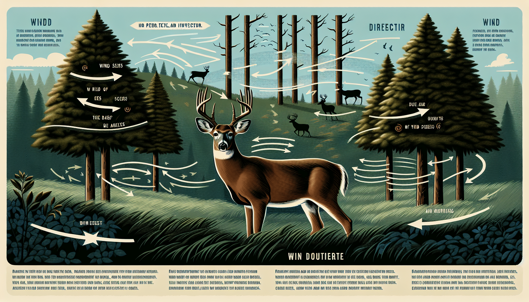 An educational diagram illustrating how wind affects deer hunting where deer, trees, and wind are the main elements. Picture a calm environment in the depths of the forest. A white-tailed deer, all ears and alert, facing to the right. In the distance, several tall trees are scattered, casting long shadows. Beyond them, a touch of wind is shown by the slight sway of the tree branches and the rustling leaves. Arrows pointing in various directions should symbolize wind patterns, showing direct and indirect ways the wind could carry scents or noises, which can alert the deer. Remember, no person, text, or brand logos in the image.