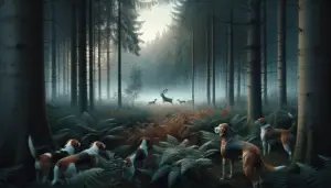 An image depicting the symbiotic relationship between dogs and hunting. There's a dense forest cloaked in mists of early dawn. One primary focus is a group of dogs, with breeds traditionally used for hunting such as beagles and foxhounds, standing alert at the edge of the woods. They exhibit keen senses, with noses to the ground, trailing the scent of their quarry. In the distance, a deer, maybe a whitetail, gracefully leaps through the bracken. No humans, text, or brands are present in the entire scene. The viewer can implicitly understand the dogs' role in deer hunting.
