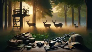 An image representing instructional materials, silhouettes of deer in a lush forest during early dawn with mist rising from the ground. Weapons for hunting, such as a bow and arrows and a treestand, are laid out on a table nearby. A pair of binoculars and a camouflage hat are also present, suggesting preparation for the hunt. Please note, no human figures, text, brand names, or logos are in this image.