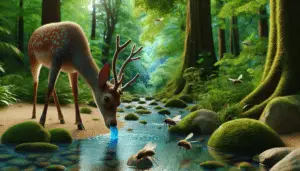 Visualize a serene forest landscape with dense greenery and a crystal clear stream running through. In this image, focus on a healthy deer, maybe standing beside the stream quenching its thirst. The deer has a prominently displayed azure blue tongue, which stands out as it drinks from the stream. To visually convey the BTV context, show some insects, like midges (known vectors of BTV), buzzing near the deer. Everything should be presented in natural, realistic tones, with no human presence, texts, brands, or logos interrupting the wilderness scene.
