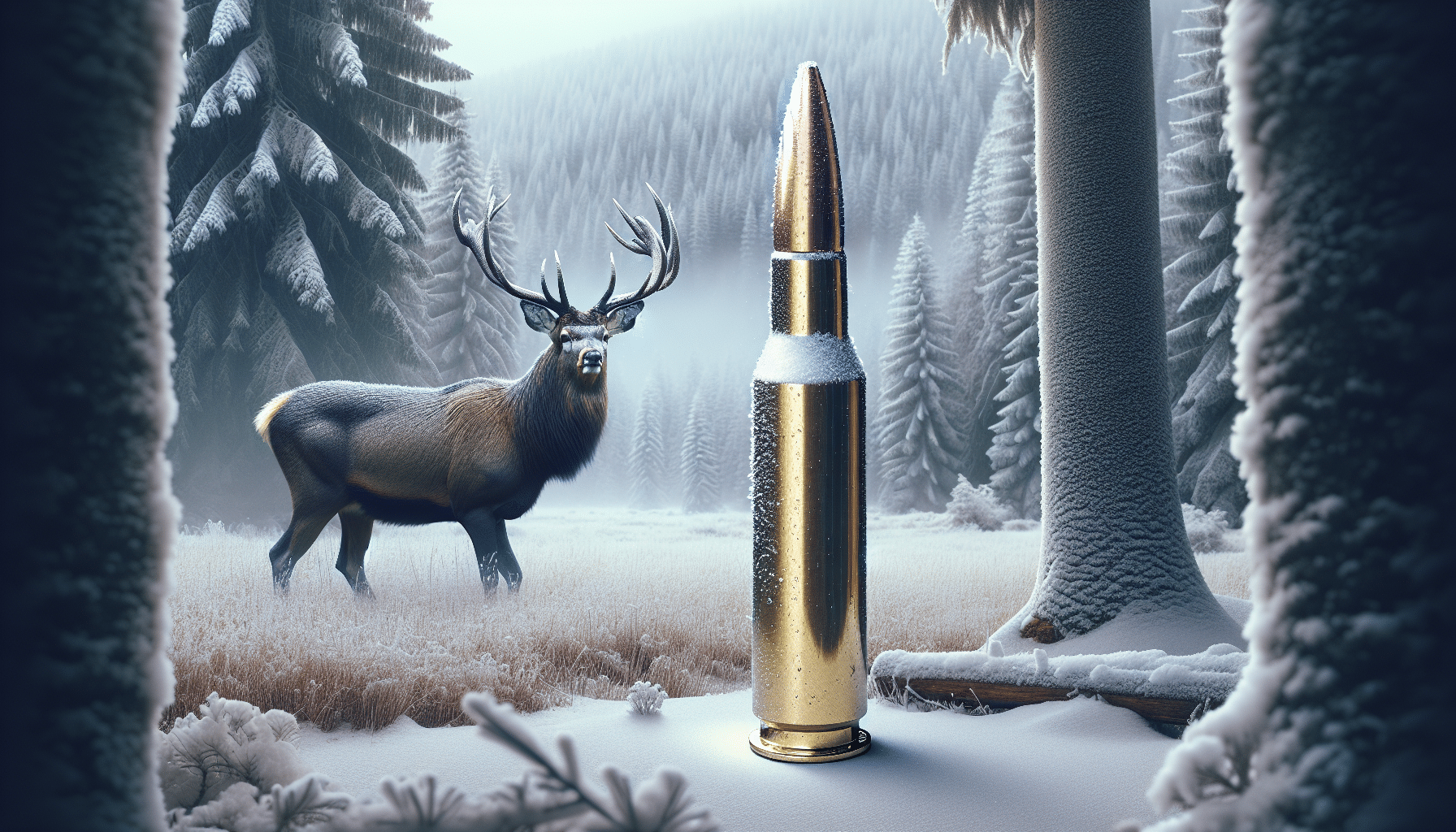 Generate an image of a straight-wall cartridge and a deer in the same environment without any people or logos. The setting is a snow-dusted forest in the middle of winter. On the left side is a straight-wall cartridge excellently rendered in extreme detail and magnified to display its design. Meanwhile, in the background on the right side, a majestic deer that is calmly grazing in the tranquil setting, its breath visible in the frosty atmosphere. Ensure that no specific brand names or text are displayed in this image.