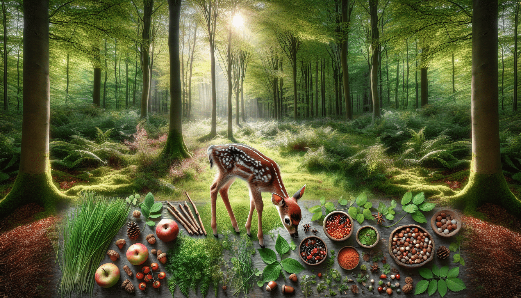 Create a picturesque depiction of a forest glade during early spring, characterized by the light dappling through the overhead canopy onto a lush carpet of flora below. In the midst of this serene setting, a fawn with spotted fur and innocent eyes is grazing on tender leaves and grasses. Nearby, a varied assortment of natural food sources for fawns more generally, such as acorns, berries, and twigs, are scattered around in a visually appealing manner. Please ensure that no people, text, or brand names are visible anywhere in the scene.