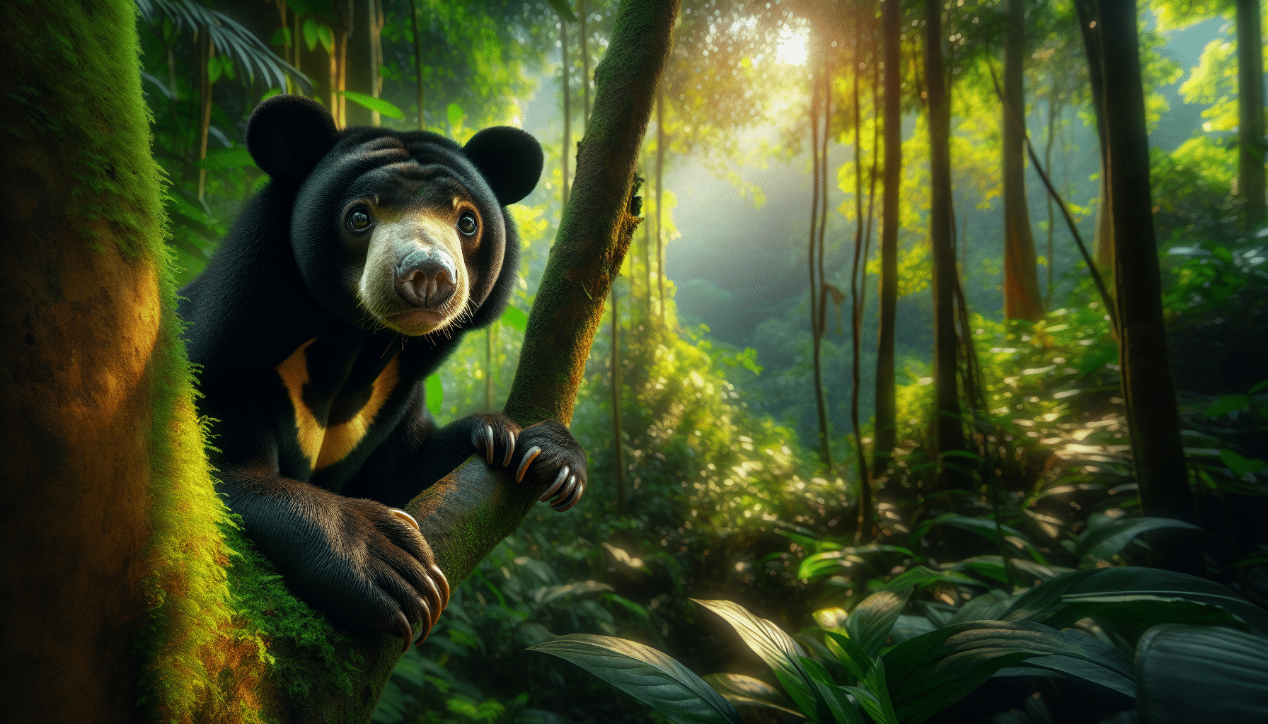 Depict a vivid picture of a Sun Bear, scientific name Helarctos malayanus, in its natural habitat. Perhaps, it can be exploring the jungle, climbing a tree, or eating fruits. The focus should solely be on the bear and no other animals or humans should be in the frame. Remember to avoid including text or brand logos. Show the bear's distinctive features such as its dark black fur, its small ears, its crescent-shaped chest marking, and its long claws to make it easily identifiable as a Sun Bear. Also, highlight the dense tropical rainforest surrounding it.