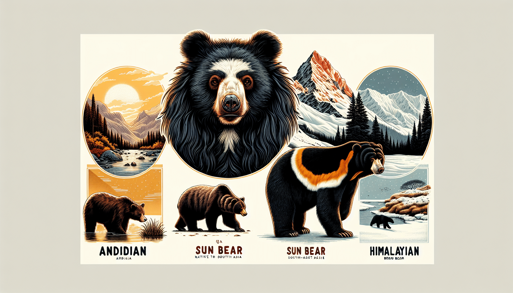 An illustration showcasing the diversity of Asian bears. Foreground features an Indian sloth bear, with its unique shaggy dark fur and snout standing semi-upright. Middle ground shows a sun bear, native to South-East Asia, particularly distinguished by the orange crescent marking on its chest. Background portrays a Himalayan brown bear, recognizable by its long, thick fur and hump above its shoulder, wandering in a snowy landscape. All of them are shown in their appropriate habitats, highlighting wild landscapes of Asia. No humans, text, or logos are included.