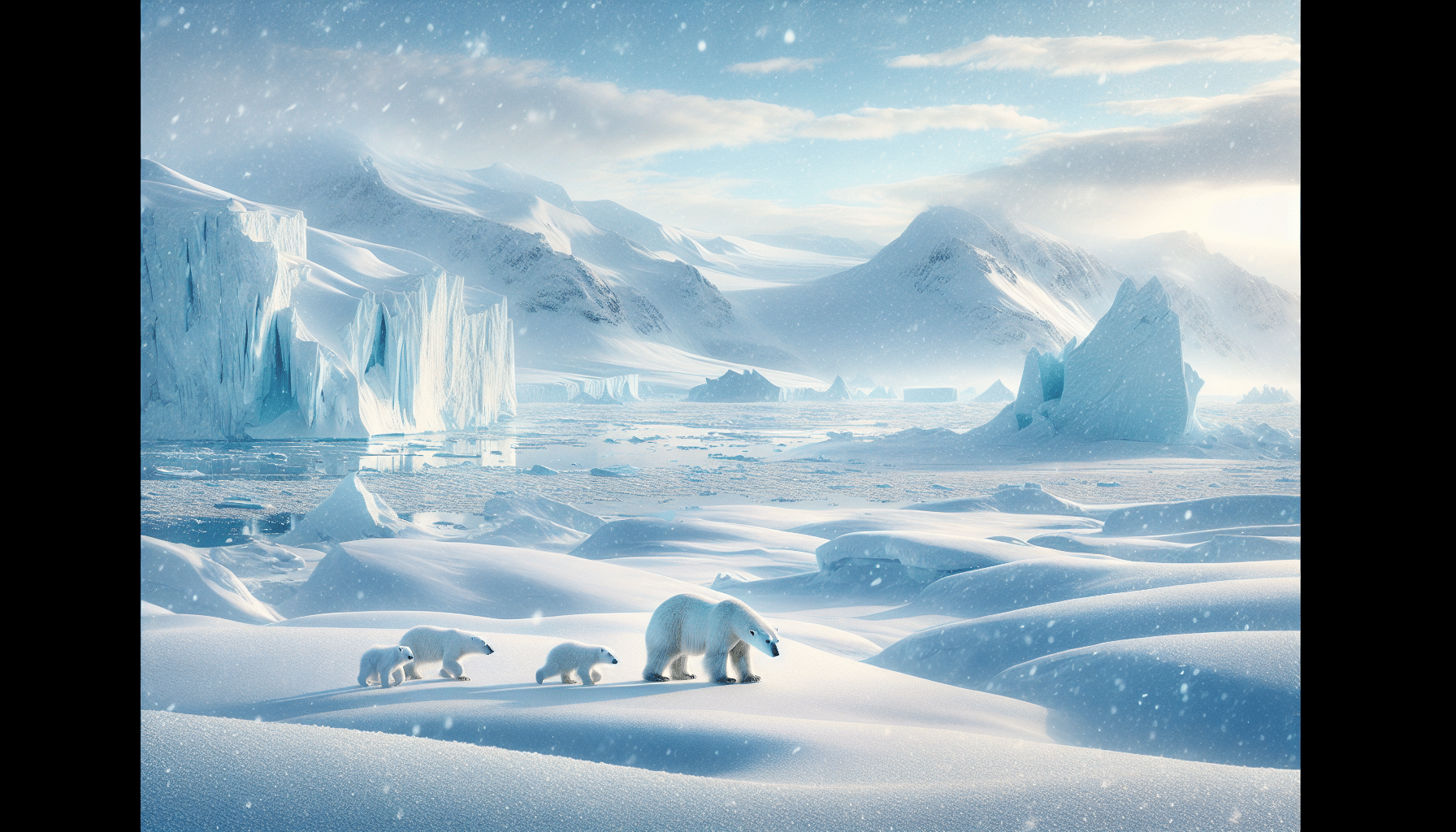 A pristine Arctic landscape sprawling with shimmering snow. Several polar bears are scattered across the scenery, their white fur nearly blending in with the snowdrifts. The sky is a frosty blue, dotted with drifting snowflakes. A mother bear is leading her young across a vast expanse of ice, while a solitary male ambles over a snow-covered ridge. Majestic icebergs jut out of the glacial waters, offsetting the vast white scenery. There are no humans, text, brands, or logos in the image and the scene carries a peaceful, untouched vibe.