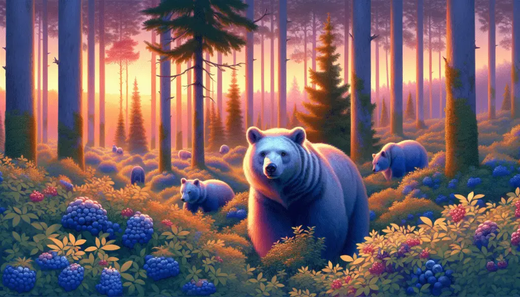 Visualize a scenic forest landscape enveloped by the warm hues of sunset. Among the foliage of bushes, a few mystical bears with a distinct blueberry-hued fur can be seen foraging. They are in different sizes ranging from large adults to smaller cubs. These unique creatures have a charming glow upon their fur, similar to the glint of ripe blueberries. Intersperse the scene with tasteful hints of wild blueberry plants swaying against the backdrop of towering trees. Do not include human figures, text, or brand logos in this composition.