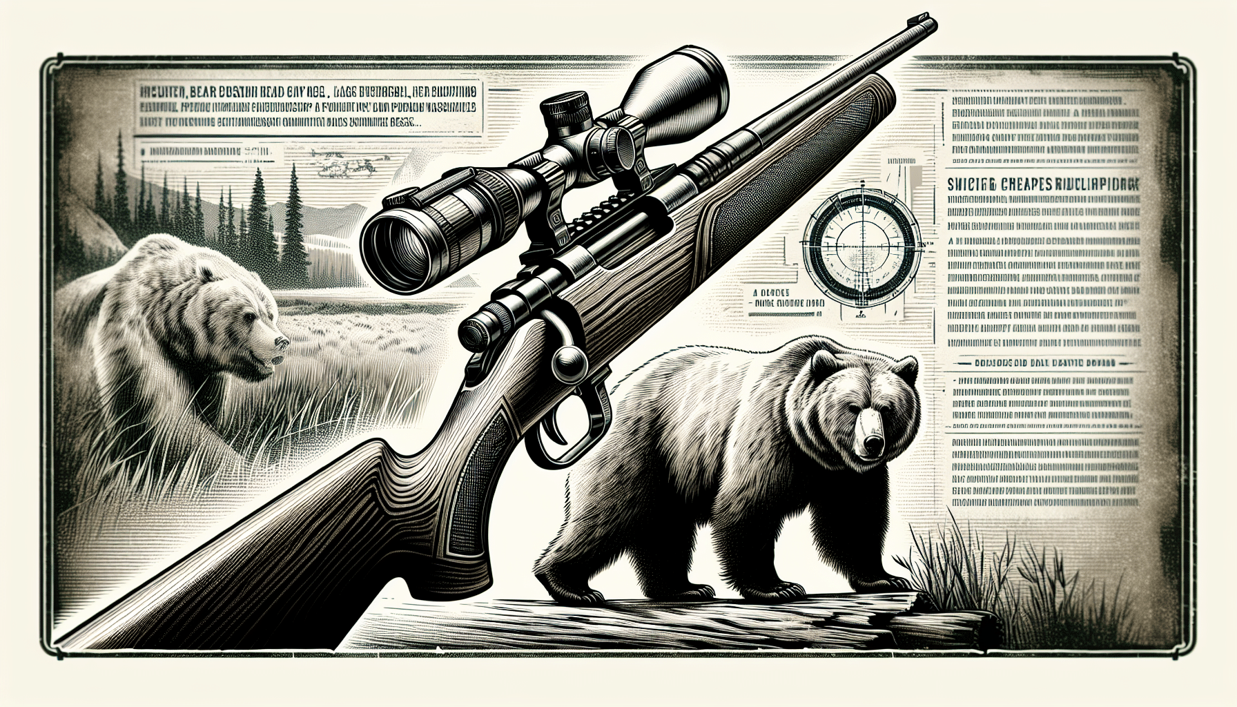 An illustration of an idealized rifle specifically designed for hunting grizzly bears. The rifle is extremely detailed, focusing on features like a high-powered scope, large-caliber barrel, and a sturdy stock. It is depicted in an outdoor setting, with hints of wilderness around it, suggesting its use in a grizzly bear habitat. The image is devoid of people, text, brand names, or logos, emphasizing the subject matter: the rifle and its intended purpose.