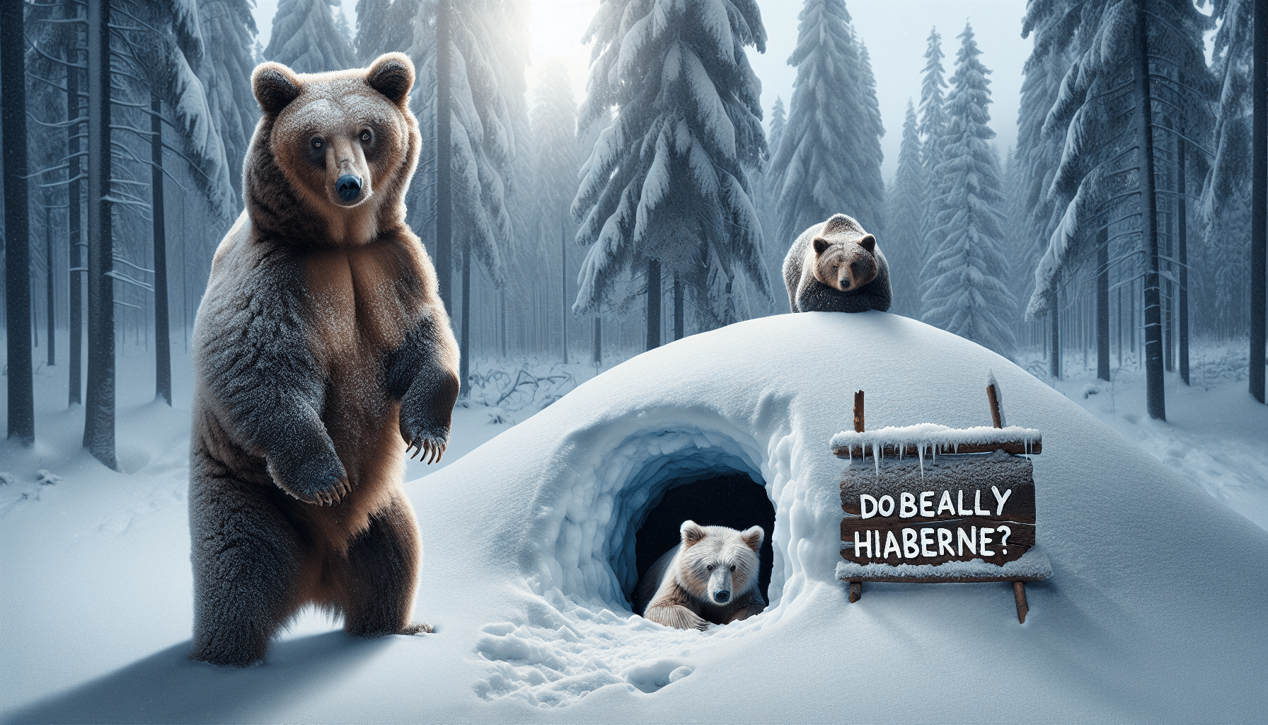 Create an image that visually explores the question 'Do bears really hibernate?' without using text or humans. The scene should include a large, healthy brown bear in the foreground, awake and curious in the midst of a snow-covered forest, its paw pressed on the entrance of a snow-capped den. Nearby, another bear stands, looking sleepy and ready to enter another den. The cold winter scenery should convincingly represent the toughness of the season. The image should be realistic, devoid of brand names or logos, anthropomorphic elements, or any form of text.