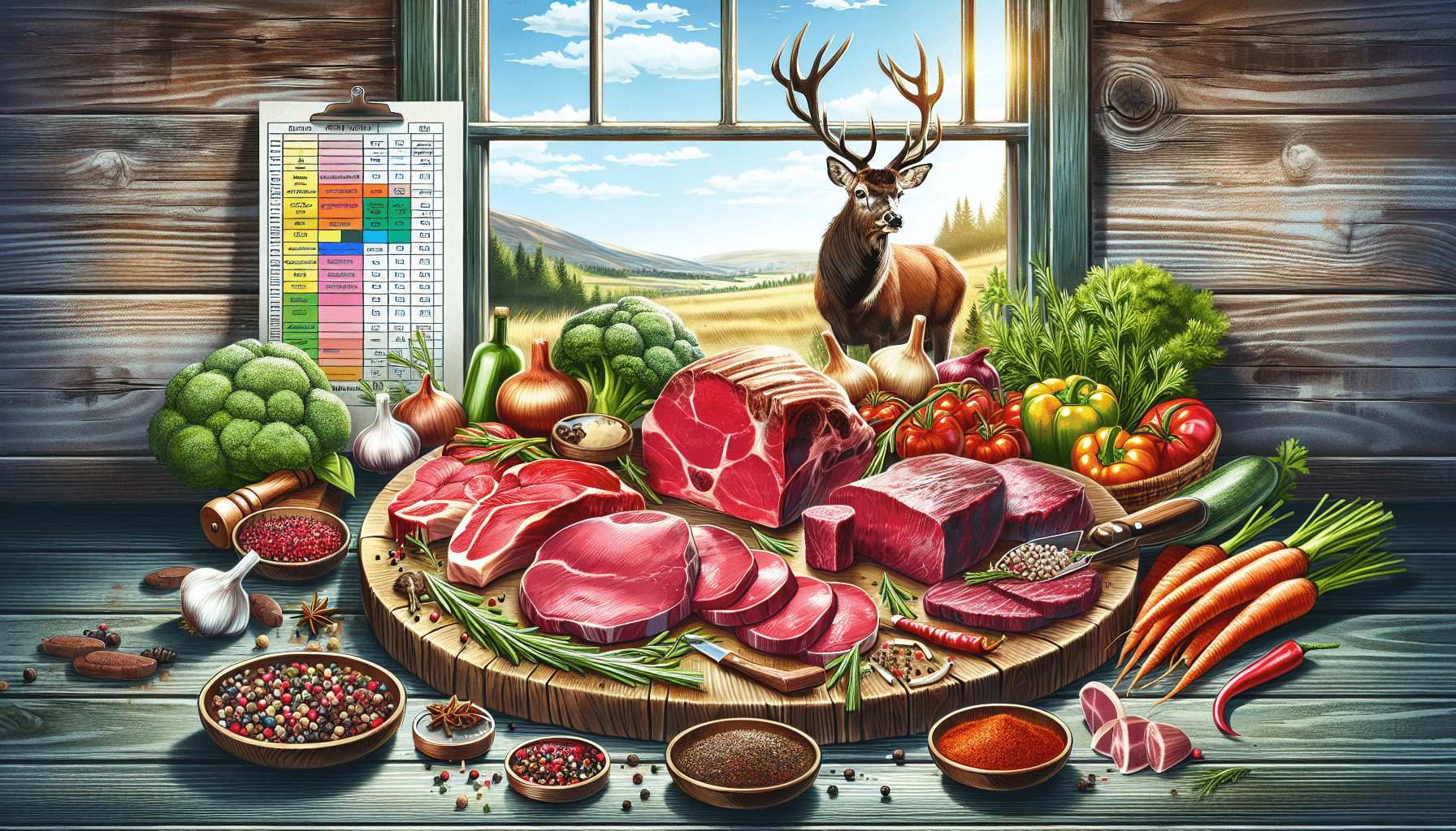 A rustic wooden table set with a variety of raw venison cuts such as steaks, roasts, and ground meat. Surrounding the deer meat are different ingredients like fresh herbs, spices, and vegetables indicating a healthy meal preparation. A dietary chart is present in the background contributing to the health aspects of the meal. Nature is visible through a window, suggesting the link between the wild deer and the meal. No people, brands, or text are present in this illustration.