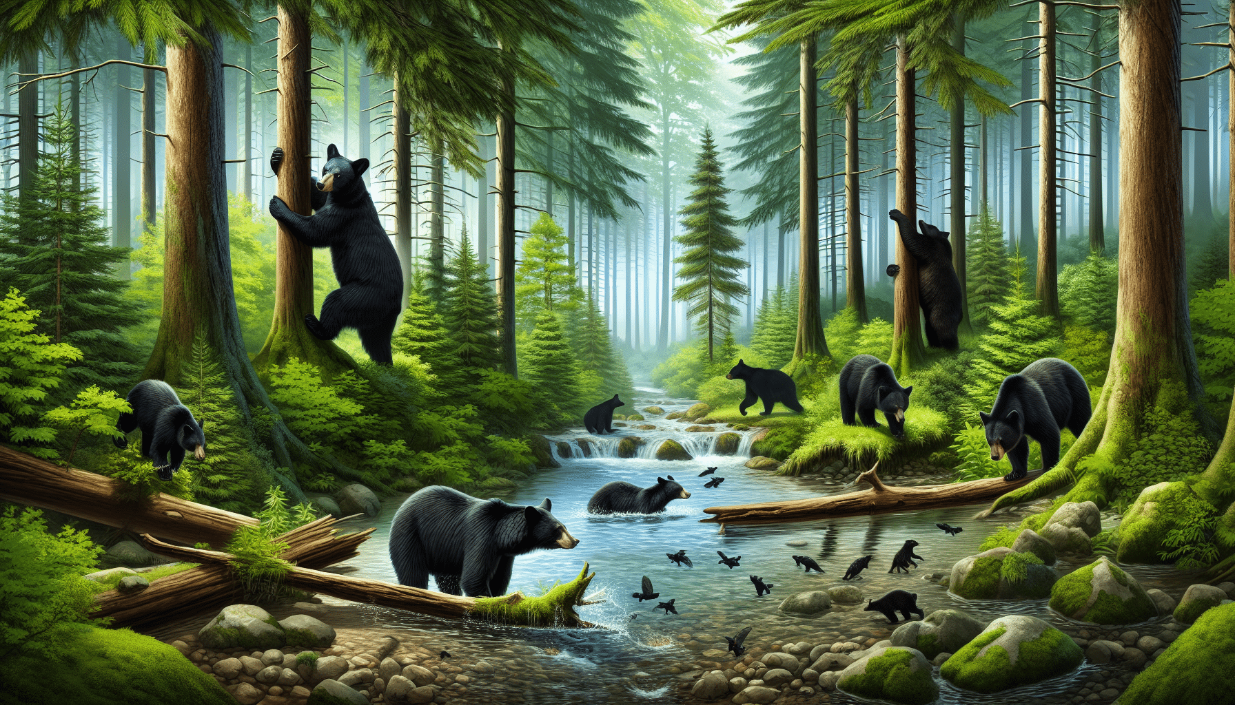 Depict a lush, expansive North American forest during the daytime. Include majestic black bears living in their natural environment; climbing trees, foraging for food, swimming in a clear stream. Overall, convey an abundance and prosperity of black bears to signify a healthy population. Do not include any signs or man-made structures and no people. Keep it strictly focused on the bears and their natural habitat. Remember, no brand names or logos should be visible.