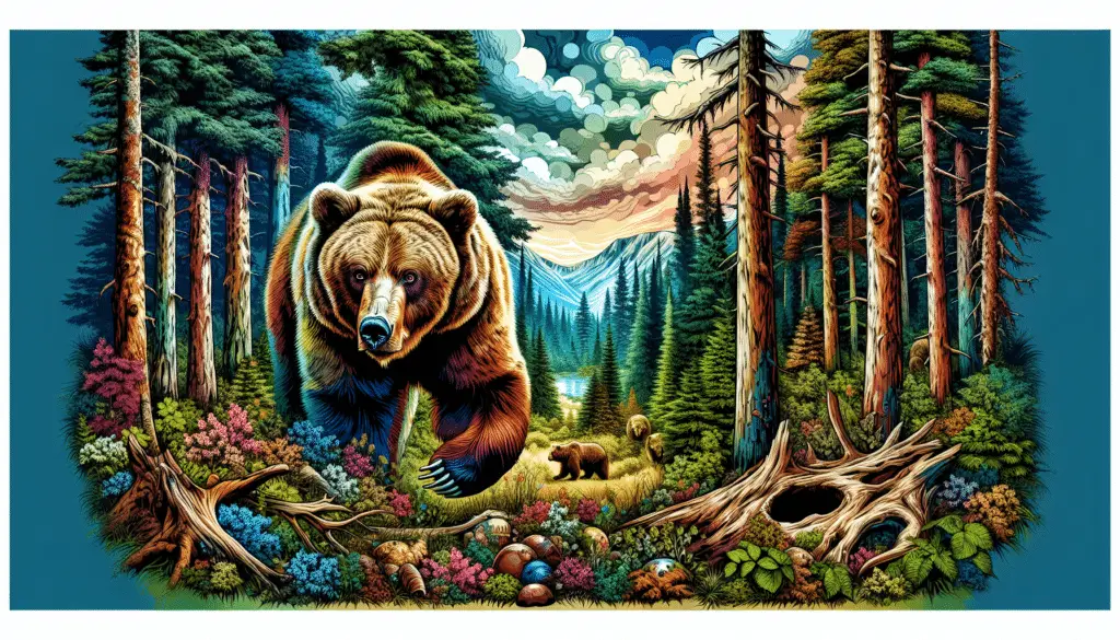 A vivid and colorful illustration representing a situation with a grizzly bear. The foreground features a lush, dense forest with towering trees. In the center of the forest, a very large grizzly bear is prowling with curiosity. The grizzly bear's fur carries a rich mixture of dark and light brown tones, with intense eyes and powerful claws. In addition to the bear, various signs of wildlife inhabitants such as footprints and dens are subtly incorporated into the scenery. The sky above is cloudy, offering a contrast to the vibrant nature below. Please note that no text, brand names, or people are included in the envisioned image.
