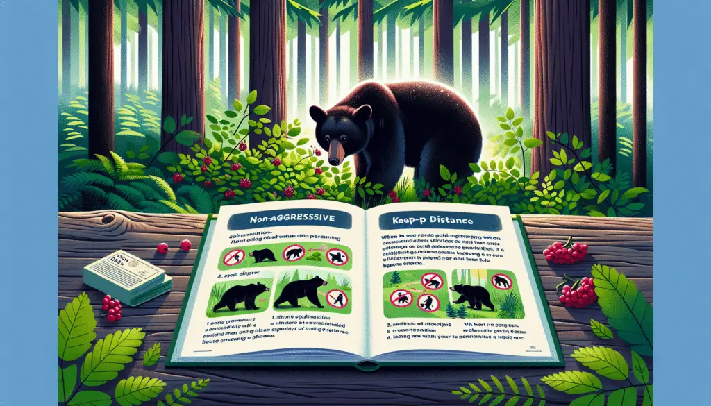 A serene woodland scene with a black bear foraging in a berry bush. The bear's fur shimmers in the sunlight filtering through the dense canopy of trees. Illustrated guidebook laid open on a nearby log with colorful diagrams showing appropriate steps when encountering a bear. Instead of text, pictorial instructions detail non-aggressiveness, keeping distance, and peaceful retreat. No humans or human structures present in the scene. No brand names or logos on any items.