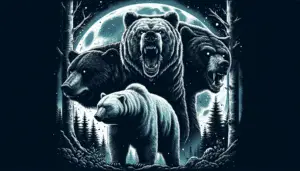 An intense illustration of bear species known to be dangerous. Depict a grizzly bear, a polar bear, and a black bear in a nocturnal forest environment. All are growling with fur bristling to emanate a sense of danger. The moon is glowing eerily in the background, casting a mix of shadows and faint lights on the bears and dense forest. Ensure there are no people, brand names, logos, or text present within the scene.