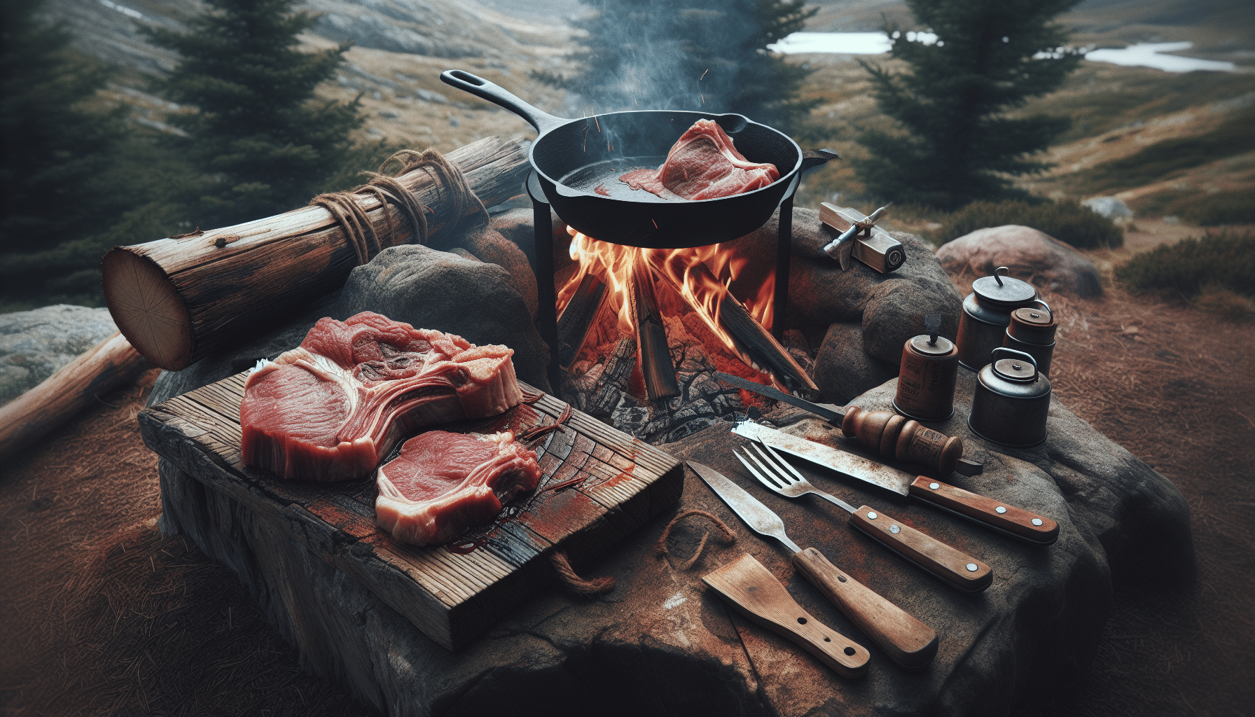 An image showcasing an outdoor campfire scene with a rustic grilling setup. Raw slabs of meat, implied to be bear, are revealed on a rough-hewn wooden board, awaiting preparation. To the side, there's a cast-iron pan over a crackling fire, ready to be used for cooking. Nearby, various unmarked culinary tools can be seen - a simple steel knife, a wooden fork, and a spatula. The surrounding environment is a mix of pine trees and rocks, evoking a wilderness vibe. There are no people, text, or brands present in the scene.