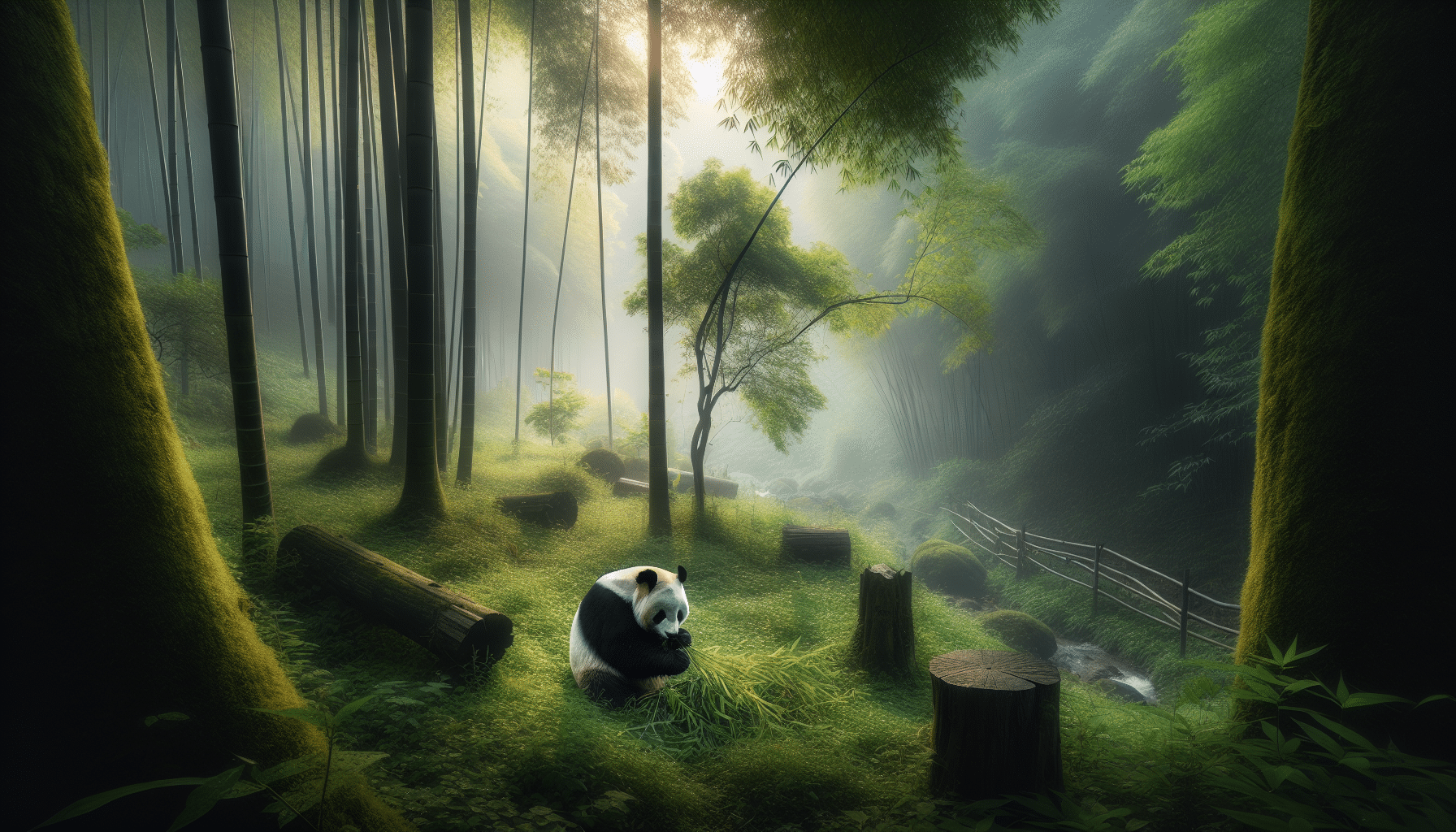 A serene wilderness landscape, with the main focus being the rarest bear specie in the wild, which is the Giant Panda. It can be spotted amidst the lush green bamboo forest. The panda is gladly munching away at its favourite food, bamboo. There are no people or man-made structures to disturb the tranquil scene. The focus is entirely on the solitude and beauty of the panda in its natural habitat. Everything is infused with the soft light of dawn, reflecting off the dewy leaves, adding a serene glow to the scene.