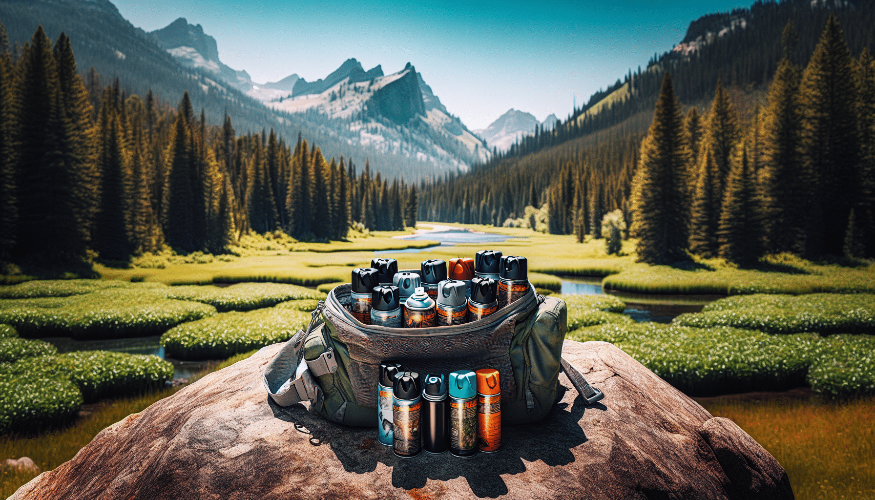 A hiker's bag lies open on a rock amidst the scenic beauty of the great outdoors. Visible inside the bag are several canisters of various sizes, possibly holding bear spray with their safety caps on, each having a unique shape, color and design. These canisters are positioned apart, without labels or text, allowing the viewer to focus on the design and aesthetics of the bear spray cans. The tranquil nature surrounding the rock provides a serene backdrop with lush green trees, blue sky, and distant mountains. The image is devoid of human presence, enhancing the calmness of the wilderness.