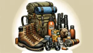 An illustration showcasing various items necessary for preparing for bear season. Included in the image is a pair of hiking boots, a large backpack, binoculars, and a bear spray. The boots are rugged, designed for rough terrain. The backpack is packed with supplies like a first aid kit, non-perishable food, and a sleeping bag. The bear spray has a bright color for easy visibility. The binoculars are sturdy and professional-grade. No brand names or logos are visible on any items, and no people are present in the image. The scene conveys preparation and safety.
