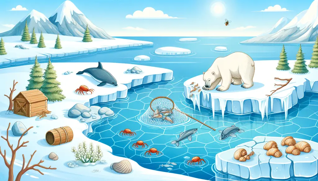 Illustrate an Arctic landscape where a polar bear is netting fish from a cracked ice surface near icy waters. Display a seal basking on an iceberg nearby. As well as some clams and crustaceans crawling on the snowy land. Depict a beehive in a leafless tree, signifying a diverse diet that includes honey. Avoid depictions of any human figures, brands, or text within the scenery.