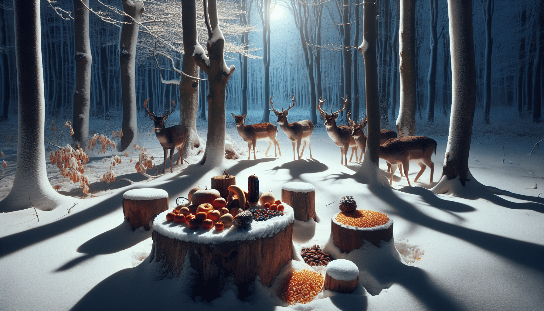 A snowy winter scene with several deer. They are in a forest clearing, surrounded by leafless trees and a white blanket of fresh snow. Close by on a tree stump is an array of suitable food for deer in winter - fruits, vegetables and corn kernels. The moonlight casts long shadows and gives the scene a soft, tranquil glow. Please avoid including people, text, and brand names or logos in the image.