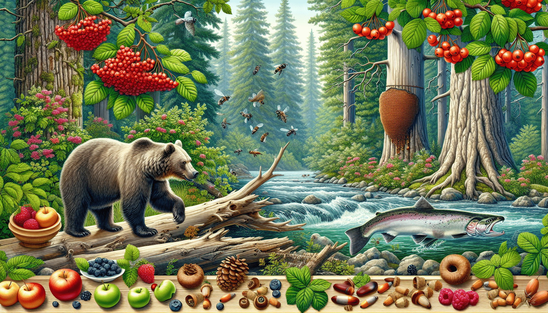 Visualize a detailed scene in nature. In the midst of a dense forest, a grizzly bear stands by a clear, flowing river, its paw swiping at a leaping salmon. Nearby, berry bushes loaded with ripe fruits add a splash of color to the scene. Scattered around the outskirts are fallen acorns and hickory nuts, remnants of past feasts. A beehive hangs from a towering tree at a safe distance, buzzing with activity. Keep the picture free of any human presence, brand logos, or text.