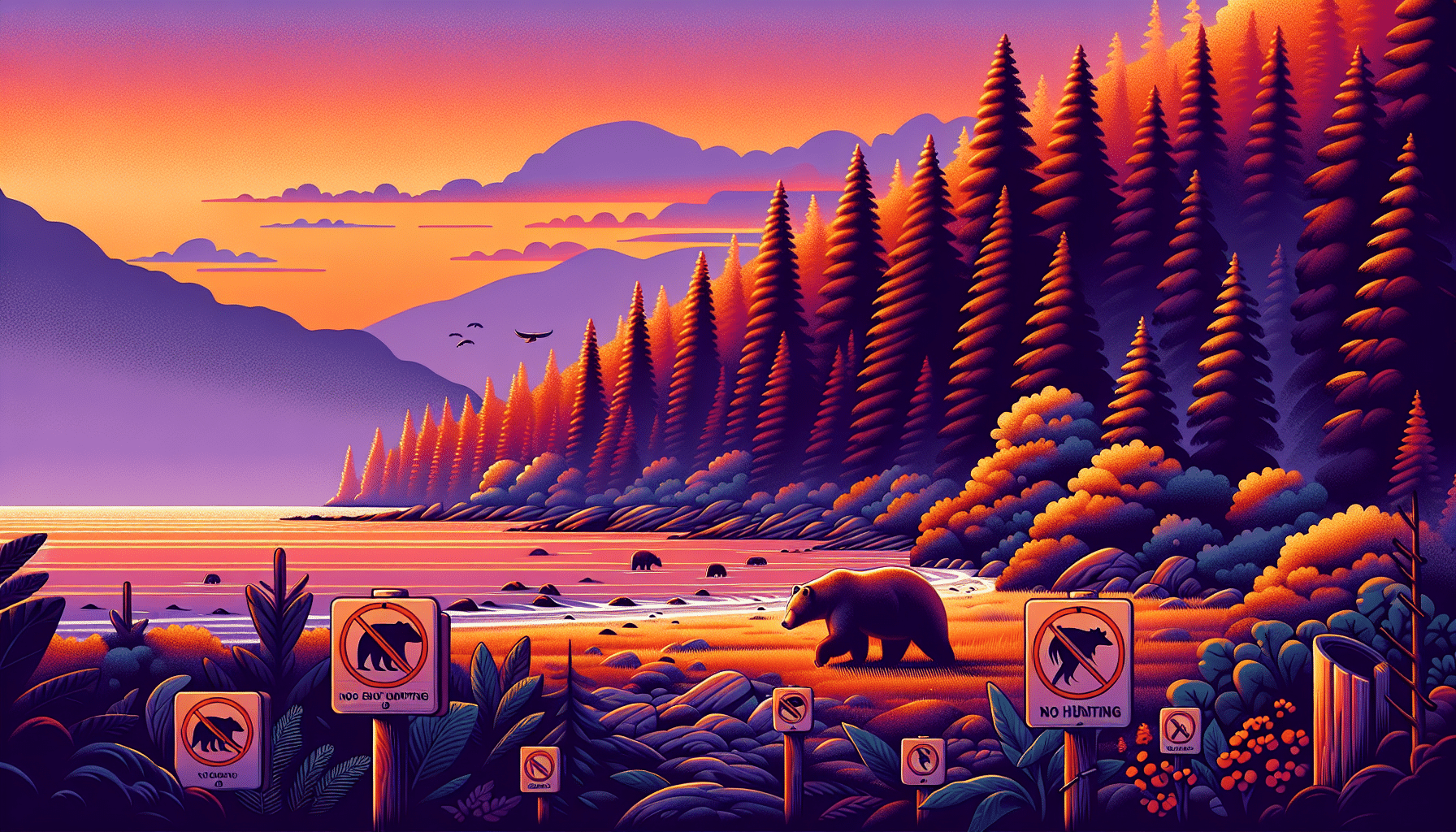 Depict a pristine Pacific coastal landscape at sunset, colored by rich hues of oranges and purples. Near the forest edge, a grizzly bear can be seen exploring for food. Nearby, scattered symbolically, are non-branded signs indicating no hunting, ensuring the bears’ safety. The environment is beautifully serene, representing the protected nature of these majestic creatures. Please, focus extensively on the elements that encapsulate the vibe of 'protection and preservation' without people or text in the frame.