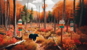 A scenic view of an untouched forest in New England during fall season. Bright orange and red leaves blanket the ground, and trees in various stages of seasonal change dot the landscape. A black bear is carefully rendered among the foliage, shouldering its way through the underbrush. Signposts are subtly interspersed; they do not carry any text but their colors and symbols indicate boundaries for hunting grounds. Surrounding the area, faded barriers suggest strict regulations for hunting, but no humans or explicit brand references are present.