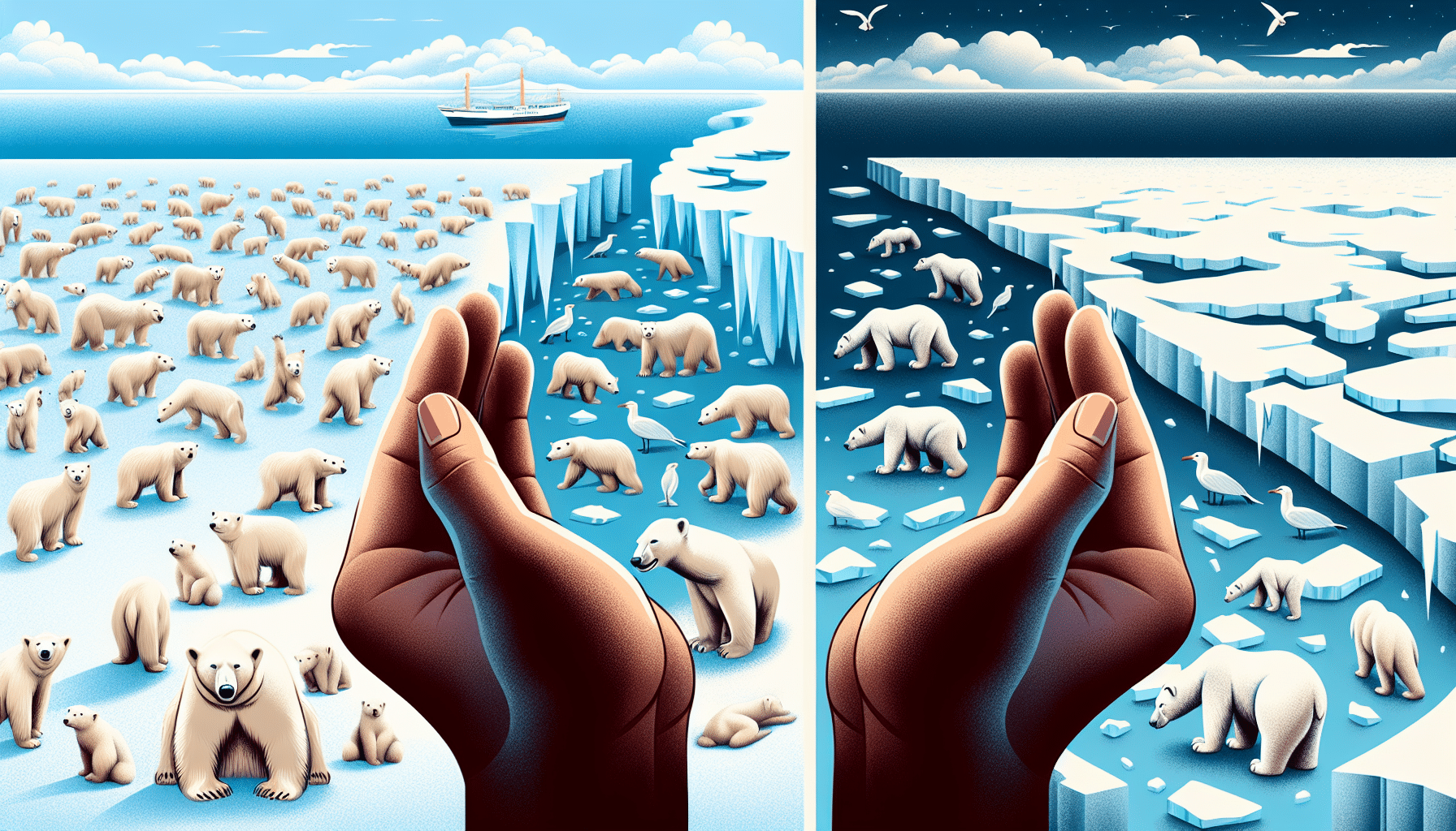 An illustration that depicts the plight and work to save the polar bear population. Show a multitude of polar bears in their natural habitat of the Arctic with gleaming snow and icebergs, frolicking and playing. Show a clear contrast in another area of the image, displaying an empty ice field, representing the falling population of polar bears. In between these two scenes, portray a symbolic pair of hands reaching out towards both scenes. These hands symbolize the efforts to repopulate the polar bear species. Make sure to not include any text, brand names, logos or human characters within the image.