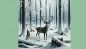 Visualize a serene forest during winter, the barren trees cloaked in a fresh blanket of snow. Hidden among these trees, you find a majestic, mature buck, clearly past its rut. It's standing alertly, majestic antlers held high, seeming to listen for predators. There are nearby signs of struggle; disrupted snow and broken branches implying recently concluded duels. However, no human presence marrs this peaceful scene. All items and elements within the image are unbranded and devoid of text.