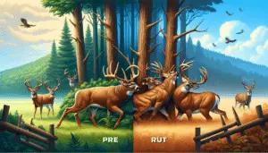 A scene comparing pre-rut and rut deer hunting scenarios. On one side, visualize a calm forest with a healthy, solitary deer with antlers in velvet in a serene environment signifying the pre-rut period. On the other side, depict a more aggressive scene with two bucks locking their fully grown hardened antlers together, representing the rut period. The boundary between these two sides should blend seamlessly, reflecting the transition from one season to another. Ensure the image has no text, brand names, logos, or human figures.
